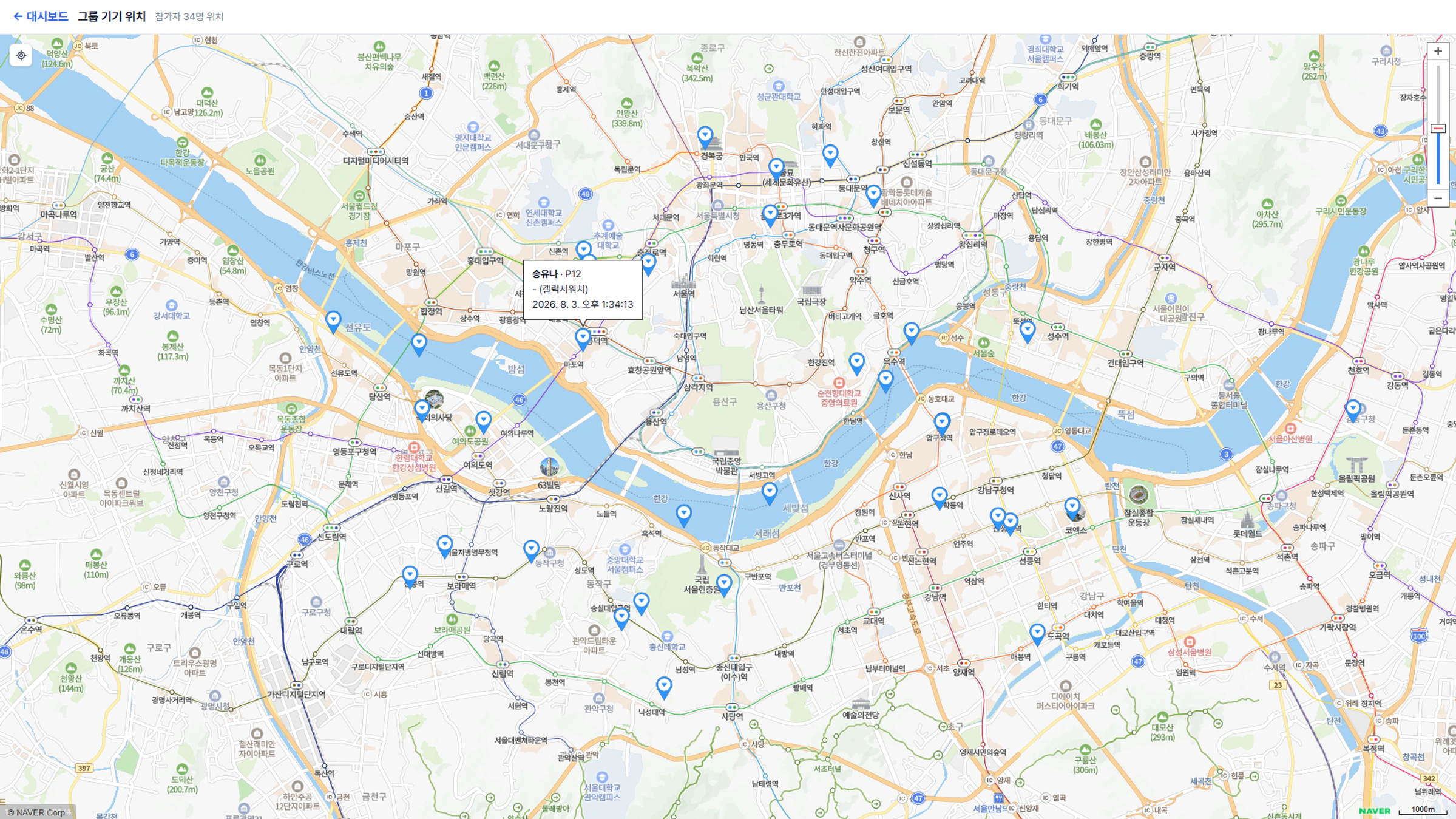 Group device map showing the live location of all 34 participants on one screen
